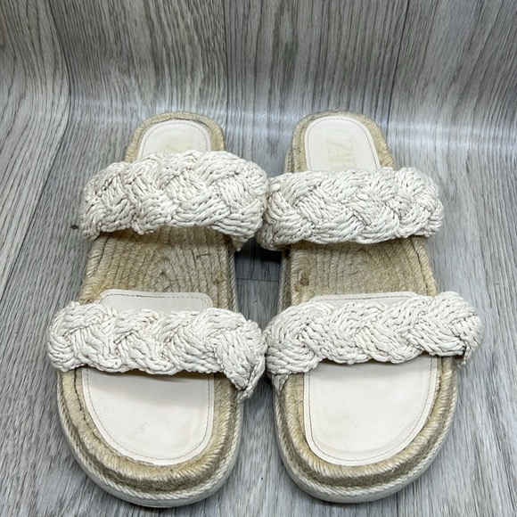 Zara Braided Band Straps Platform Slides Sandals Shoes Ivory Cream Espadrille - Picture 2 of 9